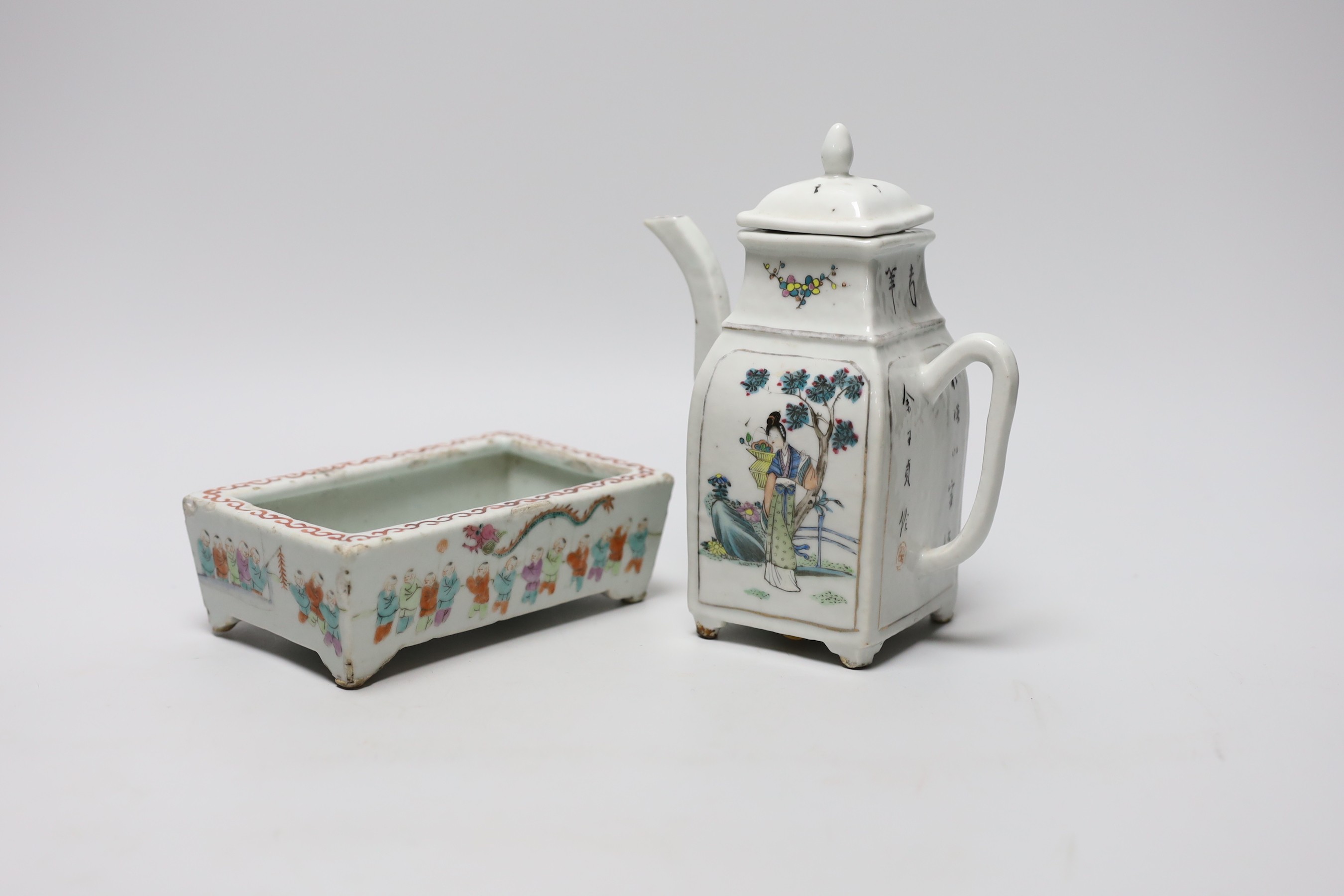 A Chinese Republic period teapot and small dish, teapot 18cm tall